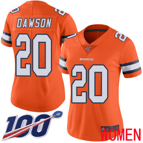 Women Denver Broncos 20 Duke Dawson Limited Orange Rush Vapor Untouchable 100th Season Football NFL Jersey